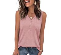 Aottori Women's Sleeveless Tank Tops UK Ladies Button V Neck Vest Summer Basic Cami Casual Soft Solid Loose Fit Stretchy T Shirts with Pocket Pink L