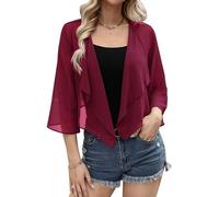 Aottori Womens Summer Bolero Cardigans Ladies 3/4 Sleeve Chiffon Shrugs Shawl Tops Lightweight Solid Casual Short Cardigan UK Wine Red S