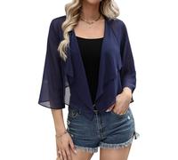 Aottori Womens Summer Bolero Cardigans Ladies 3/4 Sleeve Chiffon Shrugs Shawl Tops Lightweight Solid Casual Short Cardigan UK Navy S