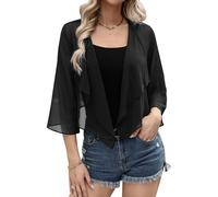 Aottori Womens Summer Bolero Cardigans Ladies 3/4 Sleeve Chiffon Shrugs Shawl Tops Lightweight Solid Casual Short Cardigan UK Black M
