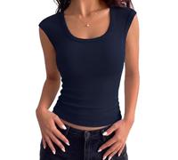 Aottori Womens T Shirt Cap Sleeve U Neck Slim Fit Cropped Navy Blue S