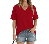 Aottori Womens T Shirts V Neck Short Sleeve Tops Ladies Summer Plain Loose Tunic Long Basics Stretch Casual Tee UK Red M