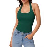 Aottori Women's Tank Top Sleeveless Crop Halter Neck Backless Vest UK Summer Basic Sexy Slim Fit Ribbed Tanktop Casual Y2k Shirts Solid Green L