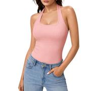Aottori Women's Tank Top Sleeveless Crop Halter Neck Backless Vest UK Summer Basic Sexy Slim Fit Ribbed Tanktop Casual Y2k Shirts Solid Pink L