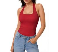 Aottori Women's Tank Top Summer Sleeveless Crop Halter Neck Vest UK Basic Sexy Backless Ribbed Slim Fit Shirts Ladies Casual Tanktop Solid Red L