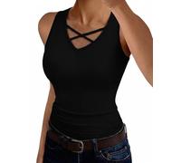 Aottori Womens Tank Tops UK Ladies Summer V Neck Vest Basic Plain Ribbed Knit Shirt Sleeveless Cross Front Camisole Slim Fitted Stretch Casual Black S