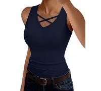Aottori Womens Tank Tops UK Ladies Summer V Neck Vest Basic Plain Ribbed Knit Shirt Sleeveless Cross Front Camisole Slim Fitted Stretch Casual Navy Blue S