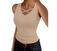 Aottori Womens Tank Tops UK Ladies V Neck Summer Vest Top Sleeveless Basic Ribbed Knit Shirt Slim Fitted Plain Camisole Stretch Cross Front Casual Apricot L