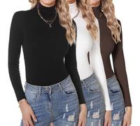 Aottori Womens Turtleneck Long Sleeve Shirts Ladies Base Layer Underwear Shirts Basic Slim Fit Solid Thermal Undershirt Tops 3pcs Black + White + Brown XL