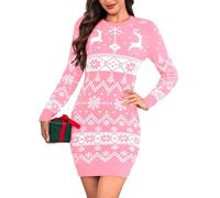Aottori Xmas Dresses for Women UK Novelty Reindeer Snowflakes Jumper Dress Ladies Knitted Christmas Sweater Dress Crewneck Pullover Tops Pink S
