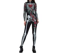 aotuo Women's Skull Skeleton Halloween Costume Jumpsuit Bodysuit Cosplay Bodysuit Outfit - Front and Back Print with Zip (Rose,XXL)