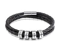 AOTXOXTOA Personalized Mens Leather Braid Bracelet with 1~5 Names Custom Stainless Steel Beads Charm Cuff for Men Women Father Husband Engraving Identification ID Bridesmaid Gifts Best Friend