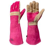 AOUCHI Cowhide BBQ Welding Gloves, Long Sleeve Fireproof and Heat Resistant Mitts for Barbecue, Firefighting, Fireplace, Oven, Baking, Stove (rose red, Small)