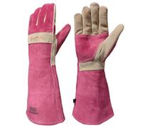 AOUCHI Cowhide BBQ Welding Gloves, Long Sleeve Fireproof and Heat Resistant Mitts for Barbecue, Firefighting, Fireplace, Oven, Baking, Stove (rose red, Medium)