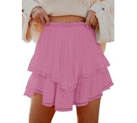 Aoudery Flowy Shorts for Women Casual Boho Ruffle Tiered Skorts High Waist Mini Skirts Golf Tennis Crochet Shorts, Mauve Pink, XS