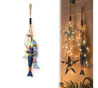 Aoukp Lighted Coastal Wall Decor, Wooden Starfish Fish Hanging with Warm LED, Nautical Beach Rope Art for Bathroom Porch Beach House Cafe Restaurant (Fish,Colorful lights)