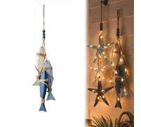 Aoukp Lighted Coastal Wall Decor, Wooden Starfish Fish Hanging with Warm LED, Nautical Beach Rope Art for Bathroom Porch Beach House Cafe Restaurant (Fish,No Light)