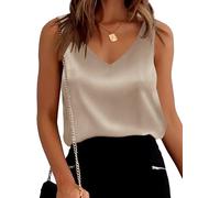 Aoulaydo Satin Tank Tops for Women Loose Fit Sleeveless V Neck Cami Camisole Blouses Shirt Top…, Light Khaki, XXL