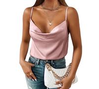 Aoulaydo Women's Spaghetti Straps V Neck Satin Camisole Cowl Neck Cami Tank Top Silk Camisole Sleeveless Blouses, Pink Gold, L