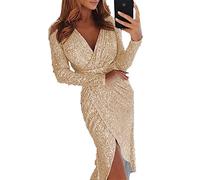 Aouln Ladies Deep V Neck Evening Gown Dresses,Women Sequin Dress with Slit Long Sleeve Club Party Evening Dress Thigh Long Dress for Home,Wedding Guest Cocktail Party Gold