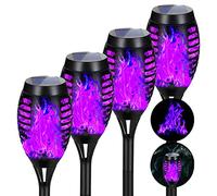 AOUNQ 4 Pack Purple Solar Torch Lights with Flickering Flame, Waterproof Outdoor Halloween Decorations, Tiki Torches for Outside Patio Pathway Decor