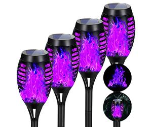 AOUNQ 4 Pack Purple Solar Torch Lights with Flickering Flame, Waterproof Outdoor Halloween Decorations, Tiki Torches for Outside Patio Pathway Decor