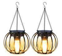 AOUNQ Solar Lanterns Outdoor Waterproof 2 Pack, 14.37" Metal Hanging Solar Lights for Outside with Auto On/Off & Hook - Brighter Hanging Outdoor Lanterns Decorative Lighting for Garden Patio Yard