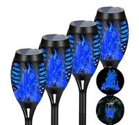 AOUNQ Solar Lights Outdoor Waterproof Blue, Upgraded 4 Pack Solar Torch Light with Flickering Flame, Mini Solar Outdoor Garden Lights Tiki Torches for Outside Patio Yard Pathway Decor