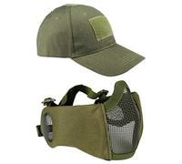 AOUTACC Airsoft Mesh Mask with Ear Protection and Adjustable Baseball Cap Set for CS/Hunting/Paintball/Shooting (OD)