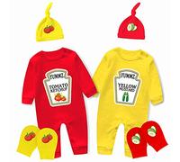 AOUYOA Baby Twins Bodysuit Gift Boy Clothing Yummz Ketchup Mustard Baby Shower Set Baby Hat With Gloves(L RY hat g 6m)