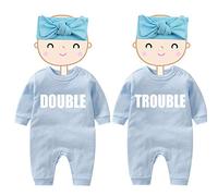 AOUYOA Baby Twins Bodysuits Newborn Baby Boy Outfit Funny Double Trouble Clothing Girl Romper With Hat, Blue Hair Hand, 7-9 Months