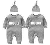 AOUYOA Baby Twins Bodysuits Newborn Baby Outfit Funny Double Trouble Clothing Set with hat (Grey DT 6m)