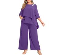 AOVDE Mother of Bride Pantsuits Plus Size Chiffon Dressy Pant Suits with Pockets for Women Wedding Guest Outfit, Purple, 24 Plus
