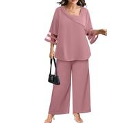 AOVDE Plus Size Pant Suits 2 Piece Casual Dressy Pantsuits Mesh Panel Bell Sleeve Outfits for Women Evening Dinner Party, Dirty Pink, 16 Plus