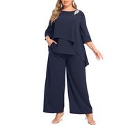 AOVDE Plus Size Pant Suits Mother of Bride Dressy Pant Suits 2 Piece Outfits with Pockets for Women Wedding Guest, A-navy Blue, 20 Plus
