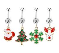 AOVNA 4pcs Surgical Steel Belly Button Bars Snowflake Xmas Tree Elk Snowman Belly Bars for Christmas Festival Piercing Jewelry