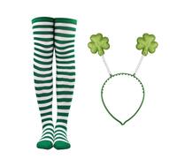 AOVNA St Patricks Day Irish Green White Striped Socks with St. Patricks Day Shamrock Headband Irish Fancy Dress Party Costume Accessory Festival Accessory