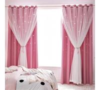 AOWELLOW Pink Blackout Curtains for Bedroom, Double Layer Stars Cut Out Curtains for Kids Nursery, Privacy Thick Eyelet Thermal Princess Darkening Drapes for Girls Living Room 2 Panels, W52X L84