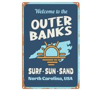 Aowotu Metal Sign Welcome To The Outer Banks North Carolina Surf Sun Sand Home Bedroom Living Room Bar Pub Wall Decor 12x8 Inch