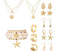 AOWVUTS 17Pcs Mermaid Jewellery Set Gold Seashell Starfish Pearl Jewellery Set Summer Beach Earrings Open Rings Boho Pearl Layer Charm Necklace Bracelets Anklet Set Costume Accessories for Women