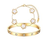 AOWVUTS 2 Pcs Bracelets for Women 18K Gold Plated Crystal Bangle Cuff Five Leaf Clover Bracelet Set Adjustabl Stacking Flower Bangle Set Lucky Friendship Love Bracelet Jewelry Birthday Gift (White)