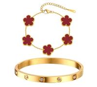 AOWVUTS 2 Pcs Bracelets for Women 18K Gold Plated Crystal Bangle Cuff Five Leaf Clover Bracelet Set Adjustabl Stacking Flower Bangle Set Lucky Friendship Love Bracelet Jewelry Birthday Gift (Red)