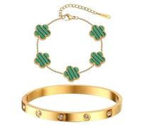 AOWVUTS 2 Pcs Bracelets for Women 18K Gold Plated Crystal Bangle Cuff Five Leaf Clover Bracelet Set Adjustabl Stacking Flower Bangle Set Lucky Friendship Love Bracelet Jewelry Birthday Gift (Green)