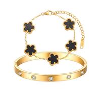 AOWVUTS 2 Pcs Bracelets for Women 18K Gold Plated Crystal Bangle Cuff Five Leaf Clover Bracelet Set Adjustabl Stacking Flower Bangle Set Lucky Friendship Love Bracelet (BLACK)