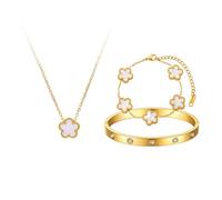 AOWVUTS 3 Pcs Four-Leaf Clover Jewelry Set for Women 18K Gold Plated Pendant Necklace Stacking Flower Bracelet Crystal Bangle Cuff Set Jewellery Gift for Birthday Valentine's Day BFF (White)