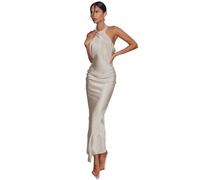 AOWVUTS Backless Maxi Dresses for Women Satin Halter Neck Sexy Long Dresses Solid Color Sleeveless Evening Gown Ball Prom Wedding (UK, Alpha, L, Regular, Regular, Almond)
