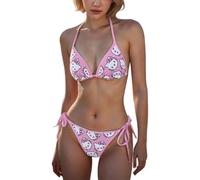 AOWVUTS Bikini Set for Women Triangle Bikini Top Low Waist Tie Side Thong Bottom Sexy Halter Two Piece Swimwear Cute Cat Kitty Swimsuit Adjustable Lace-up Padd Beachwear Swimming Costume Bathing Suit
