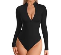 AOWVUTS Bodysuit for Women Long Sleeve Leotard Top Zip Up Body Suits Thong Mock Turtleneck Slim Fit High Stretch Leotard Thong Elegant One Piece Bodysuits Jumpsuit Tops for Laides (Black, M)