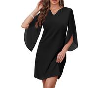 AOWVUTS Cocktail Dresses for Women Elegant Chiffon 3/4 Sleeve Midi Dress V Neck A Line Shift Short Dresses Formal Flutter Sleeve Wedding Guest Dress for Evening Party Prom Bridesmaid Black
