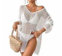 AOWVUTS Crochet Beach Cover Up for Women Sexy Bikini Cover Ups V Neck Hollow Out Swimwear Bathing Suit Knit Split Pullover Beach Dresses See Through Tee Shirt Long Sleeve Top for Party White